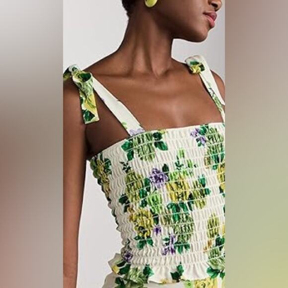 Amanda Uprichard x Revolve Green Floral Smocked Sleeveless Ruffle Midi Dress M - Picture 5 of 11